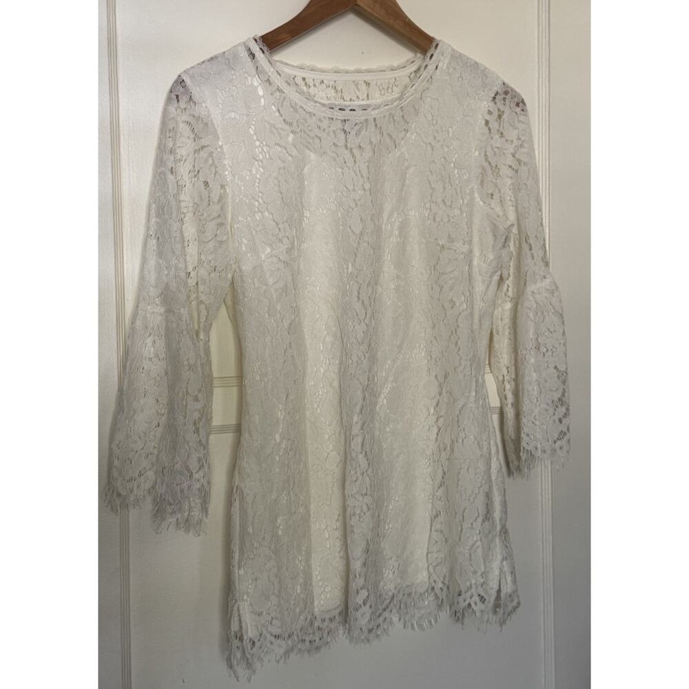 Vintage Isaac Mizrahi Live‎ Lace 3/4 Sleeve Lace Top Y2K Boho White Sz XS